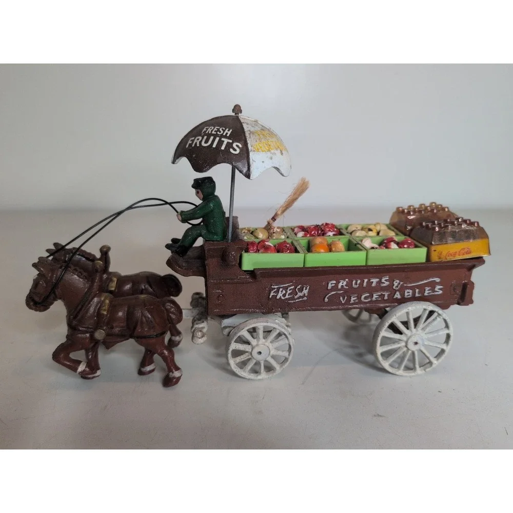 ANTIQUE Cast Iron Fruit Vegetable Wagon Horses Vintage Rustic Primitive Driver